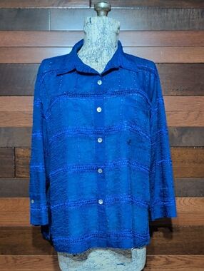 Chico's Royal Blue Sheer Lacey Eyelet Blouse